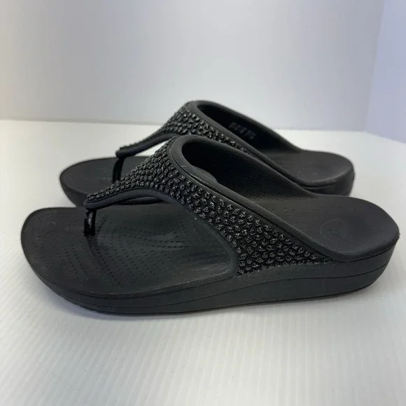 Crocs Sloane Embellished Beaded Sandal Women Black Thong Slide Slip On Size 8 - Picture 3 of 7